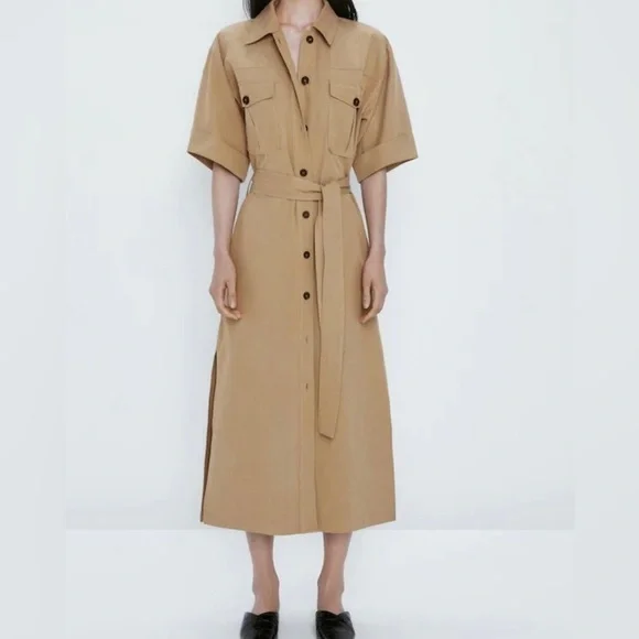 Massimo Dutti NWT khaki cotton tench shirt dress - Picture 6 of 15
